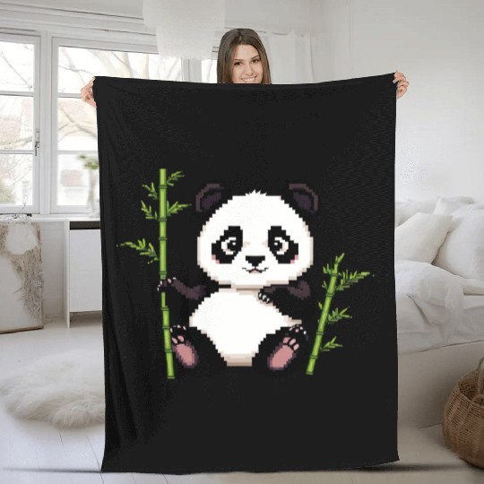 A pixel art of a panda with a bamboo leaf Fleece Blankets