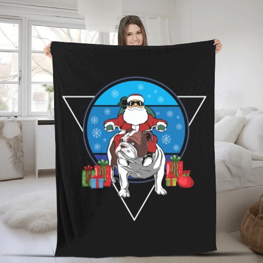 Christmas Santa Claus Riding English Bulldog Xmas Fleece Blankets