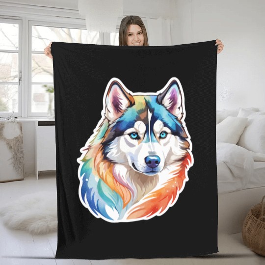 Siberian Husky Watercolor Fleece Blankets