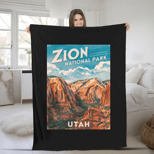 Vintage Travel Zion National Park Utah Landscape Fleece Blankets