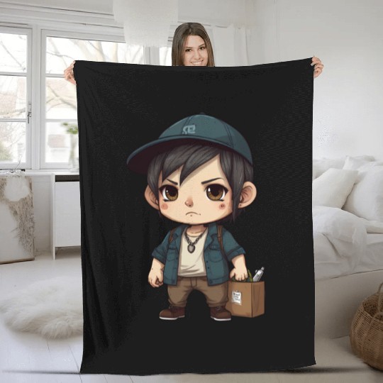 Chibi Boy with a Serious Expression Fleece Blankets