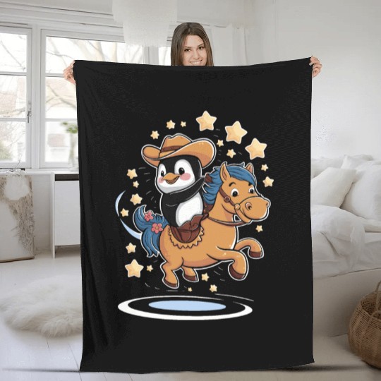 Adorable Penguin Cowboy Riding a Magical Pony Fleece Blankets
