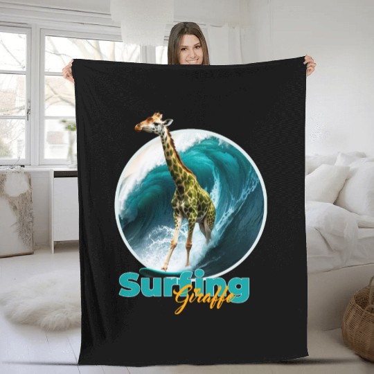 Surfing Giraffe in a Storm Fleece Blankets