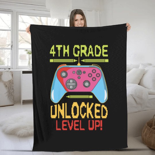 4th Grade Unlocked Level Up Video Gamer Fleece Blankets Back