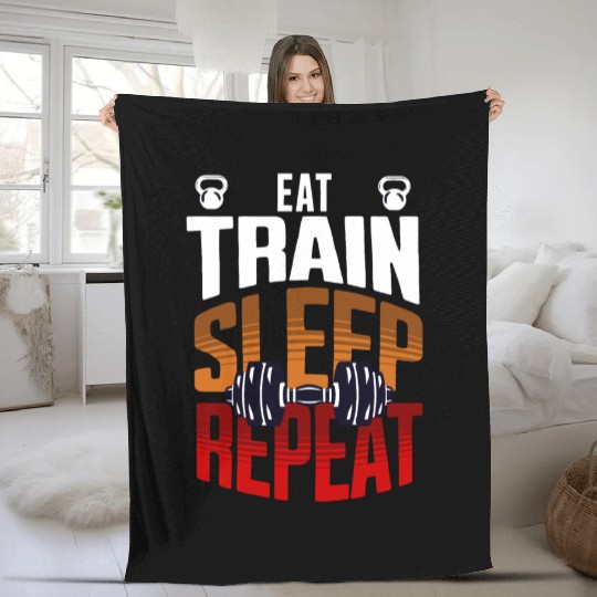 Eat Train Sleep Repeat Gym Workout Fitness Fleece Blankets