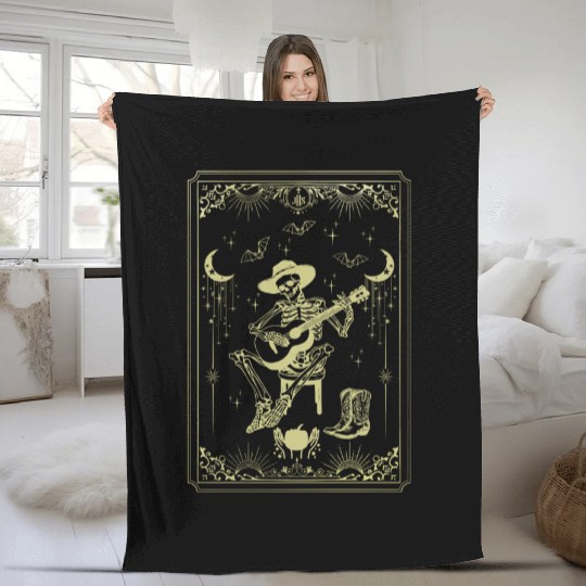 Tarot Card Celestial Cowboy Skeleton Plays Guitar Fleece Blankets