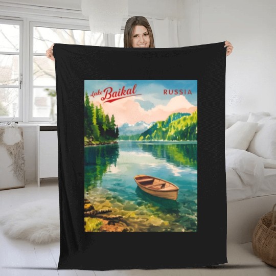 Vintage Travel Lake Baikal Russia Retro Scenic Fleece Blankets