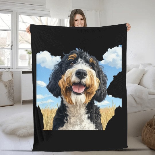 Bernedoodle Field Nature Bernedoodle Watercolor 2 Fleece Blankets