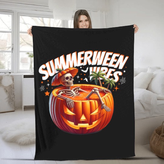 funny Summerween Vibes Skeleton Pumpkin Summer Vac Fleece Blankets