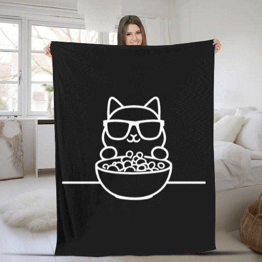 Cat Wearing Sunglasses Eating Cereal Fleece Blankets