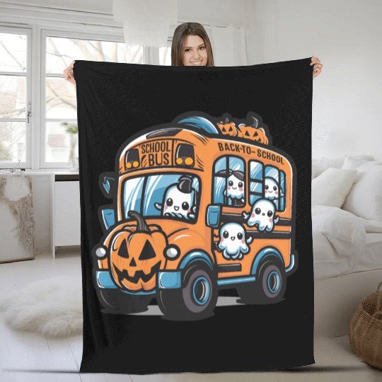 Ghost Halloween School Bus Fleece Blankets