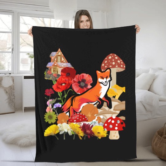 Cute Flower Fox Fleece Blankets, Vintage Floral Cottagecore