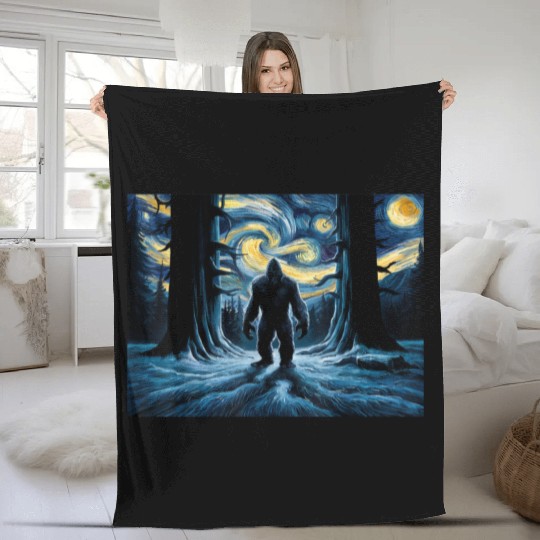 Mysterious Forest Bigfoot Night Sky Art Fleece Blankets
