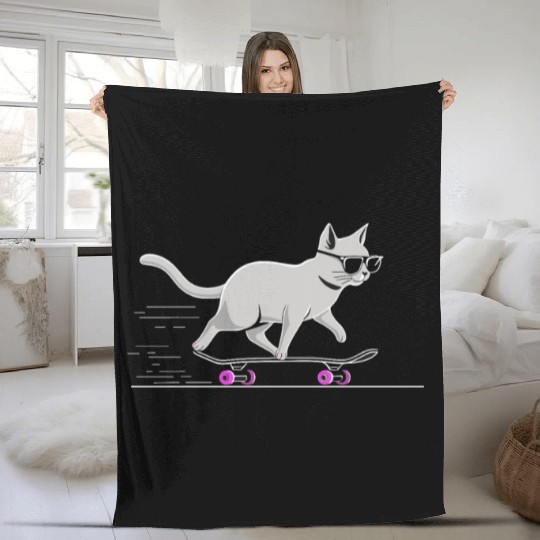 Cat Wearing Sunglasses Riding Skateboard Fleece Blankets