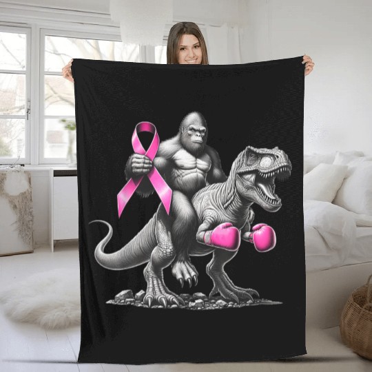 Bigfoot Riding T Rex Dinosaur Breast Cancer Awaren Fleece Blankets