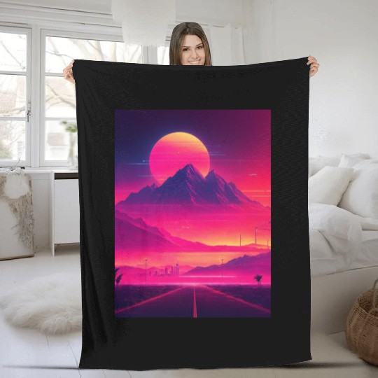Neon Horizon: A Synthwave Journey Fleece Blankets