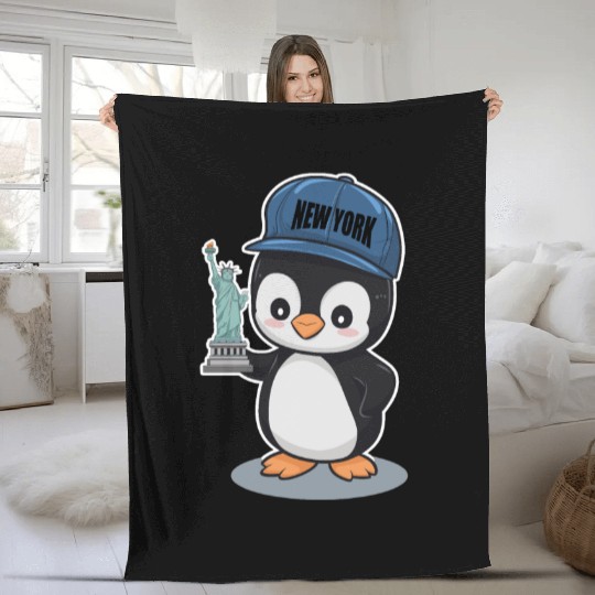 New York Penguin Holding Statue Of Liberty Fleece Blankets