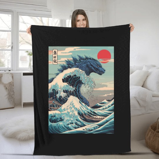 Kaiju Monster Japanese Great Wave Anime Graphic Fleece Blankets