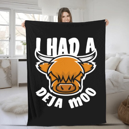 Highland Cow Deja Moo Funny Saying Fleece Blankets