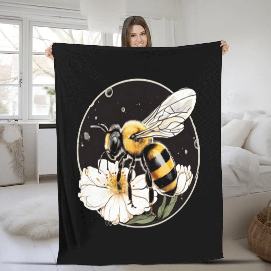 Bumble Bee on a Flower in a Bubble Fleece Blankets