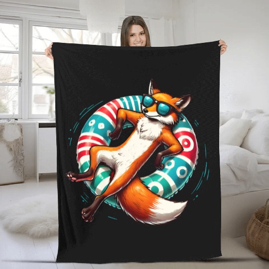 A relaxed fox on a swimming ring Fleece Blankets