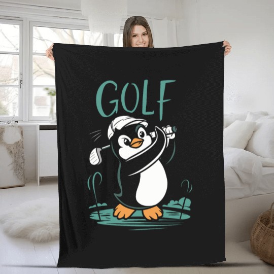 Cute Penguin Golf Swing Fun Golfing Fleece Blankets