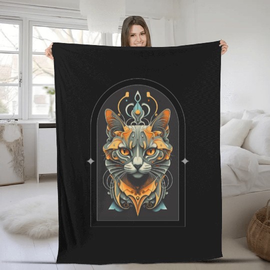Elegant stylish black and gold cat face Fleece Blankets