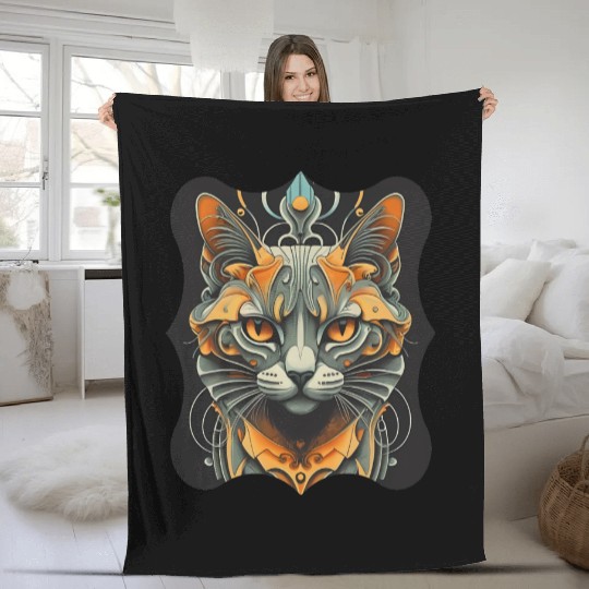 Elegant stylish black and gold cat face Fleece Blankets