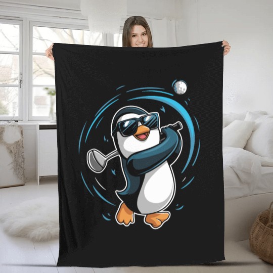 Penguin Golfer Swinging Club Fun Golf Art Fleece Blankets