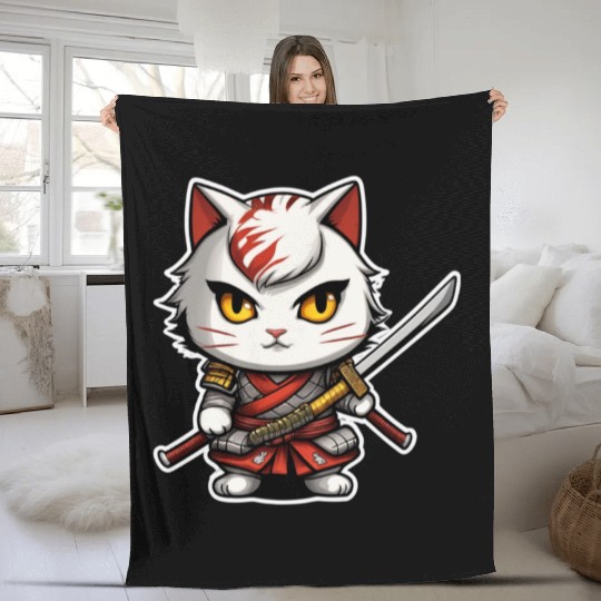 ninja cat with a katana 2 Fleece Blankets