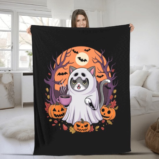 Halloween Ghost Cat with Pumpkins Fleece Blankets