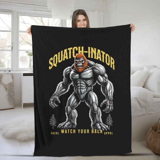 Retro Bigfoot Design, Sasquatch Robot Graphic Fleece Blankets