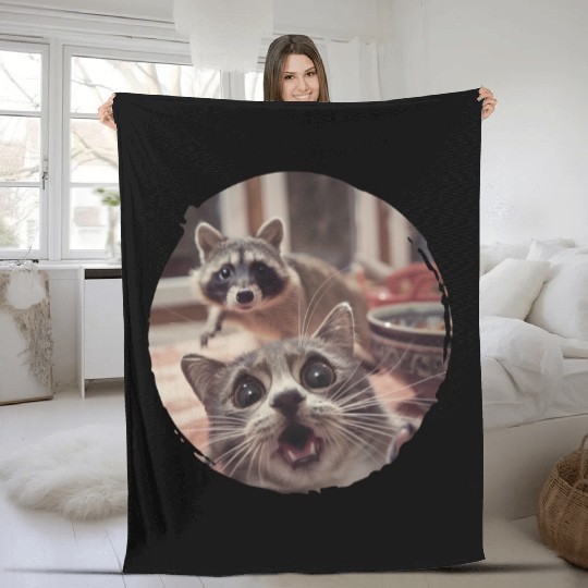 Surprised Cat and Raccoon Indoor Encounter Design Fleece Blankets