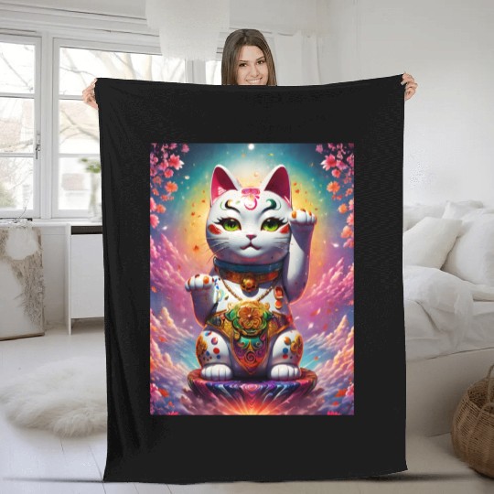 Maneki neko lucky cat Fleece Blankets