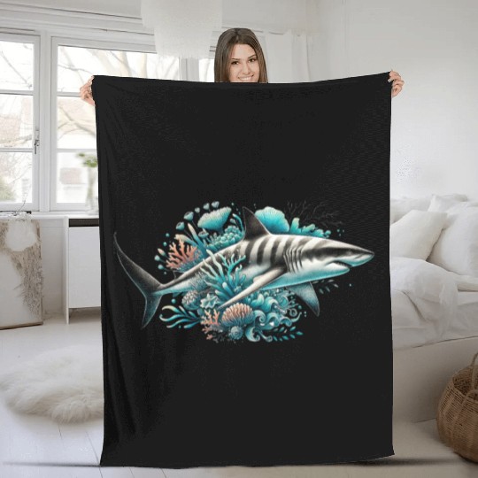 Big Shark On An Underwater Reef Fleece Blankets