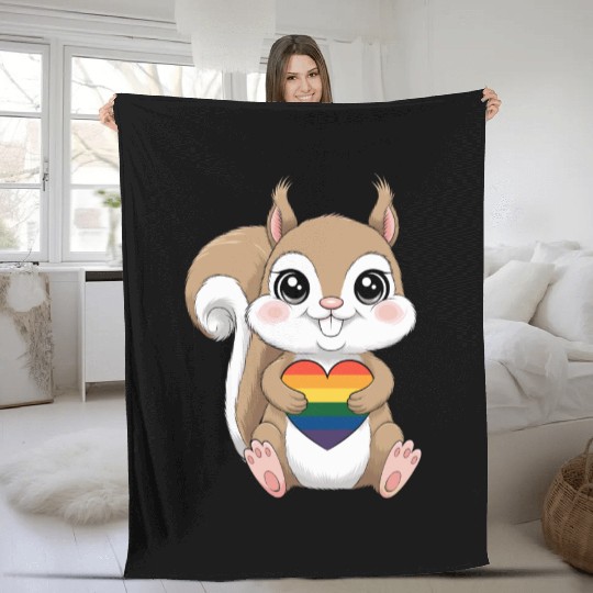 Cute Squirrel Holding Rainbow Heart LGTBQ Love Fleece Blankets