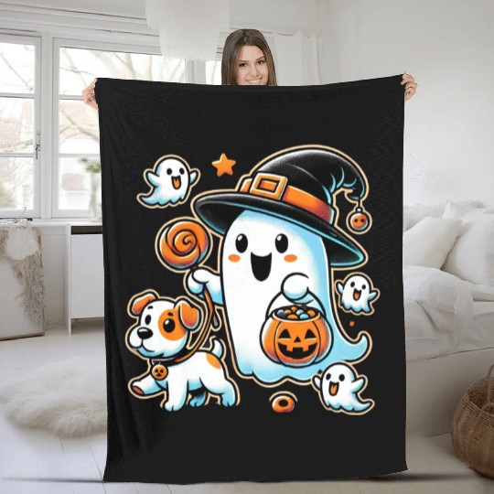 Spooky Ghost and Puppy - Halloween Trick or Treat Fleece Blankets