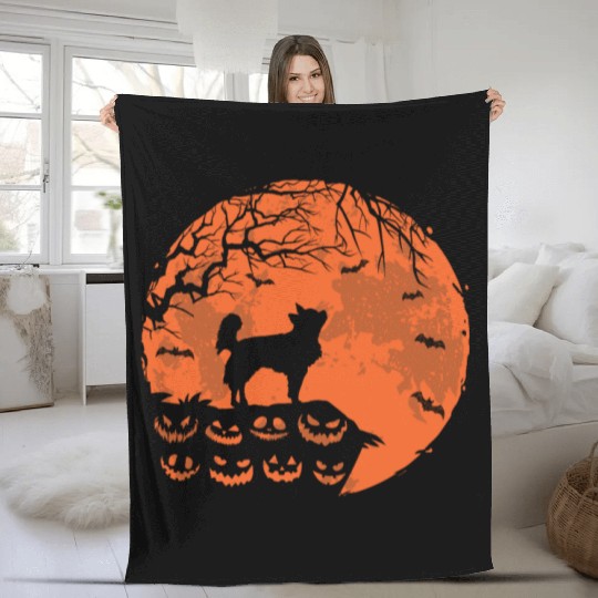 Long Haired Chihuahua And Moon Halloween Dog Lover Fleece Blankets