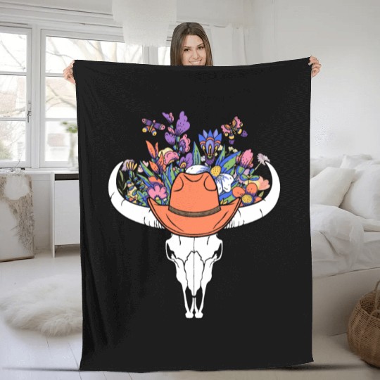 wildflower with Cow Skull blooming Fleece Blankets