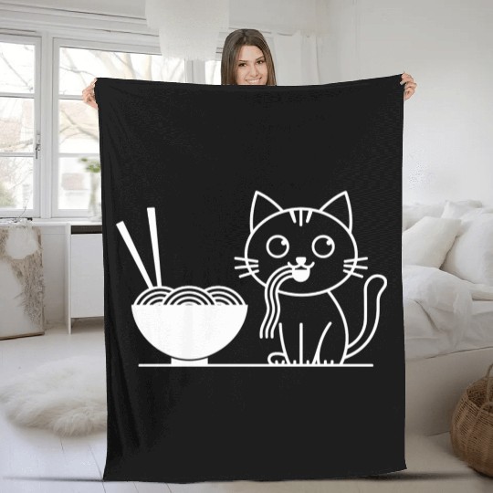 Cute Cat Eating Ramen Kawaii Food Design Fleece Blankets