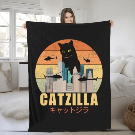 Retro Vintage Catzilla Japanese Cute Cat Lover Fleece Blankets