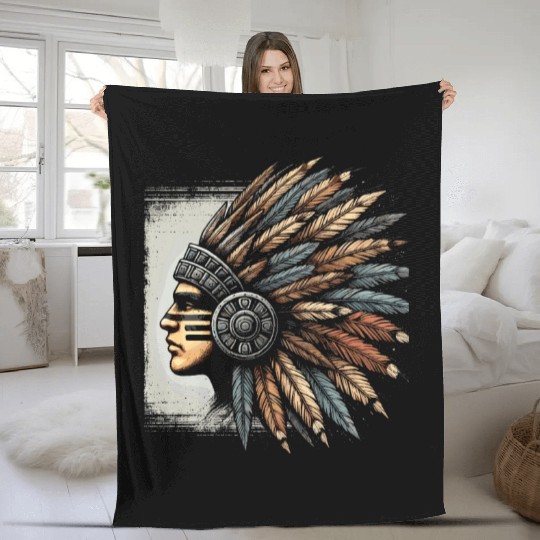 Aztec Warrior Mask with Tribal Art and Ancient Fleece Blankets