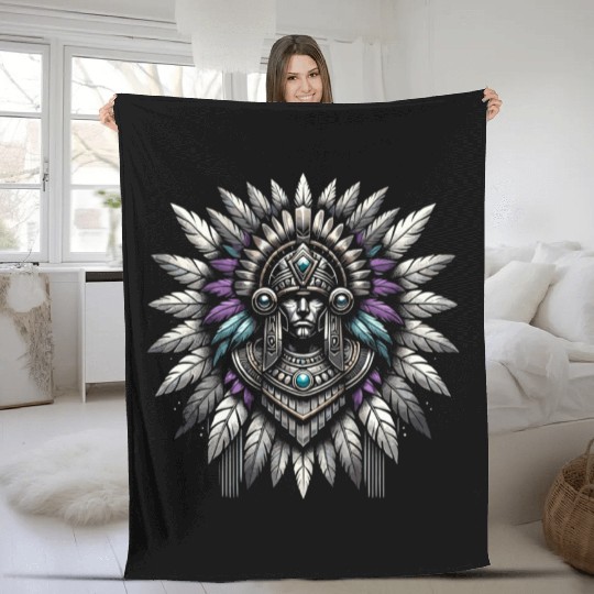 Aztec Warrior Mask with Tribal Art and Ancient Fleece Blankets