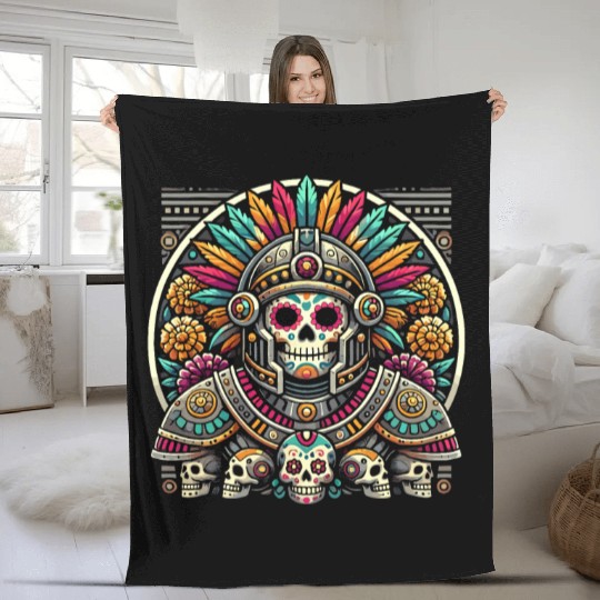 Aztec Warrior Mask with Tribal Art and Ancient Fleece Blankets