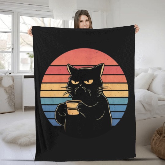Grumpy Cat with Coffee Retro Style Fleece Blankets