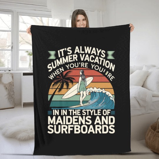 Maidens and Surfboards Vintage Summer Design Fleece Blankets