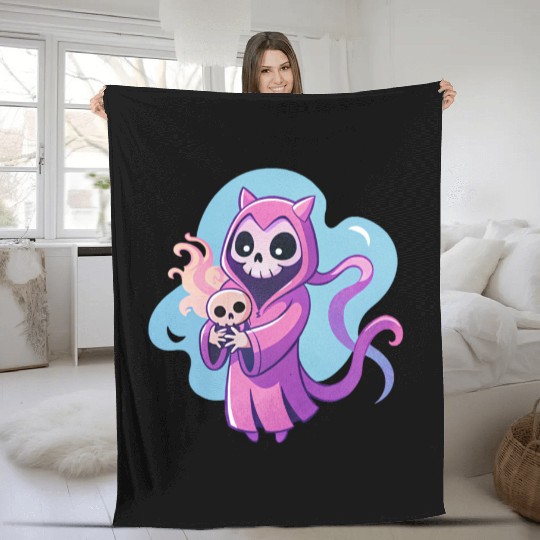 skeletal figure, violet pink robe, lavender puppy Fleece Blankets