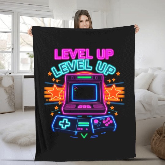 Neon Arcade Glory: Level Up Fleece Blankets