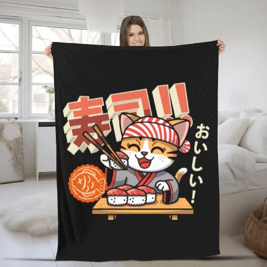 Sushi Chef Cat Adorable Culinary Cat Design Fleece Blankets
