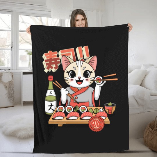 Sushi Chef Cat Adorable Culinary Cat Design Fleece Blankets
